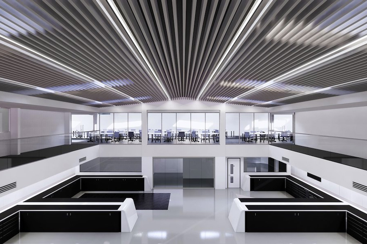 Digital image of the new race bays at Mercedes' Brackley headquarters.