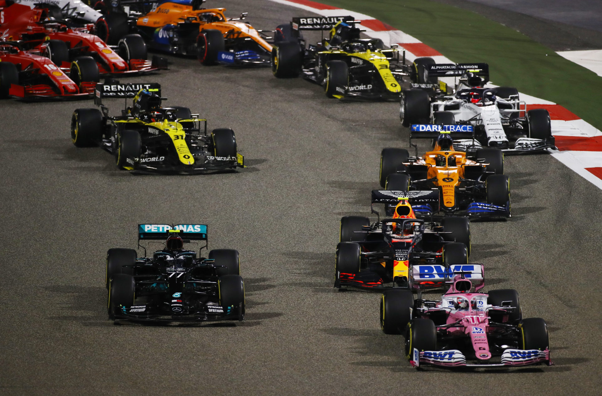 F1 drivers battling in the 2020 Bahrain GP race