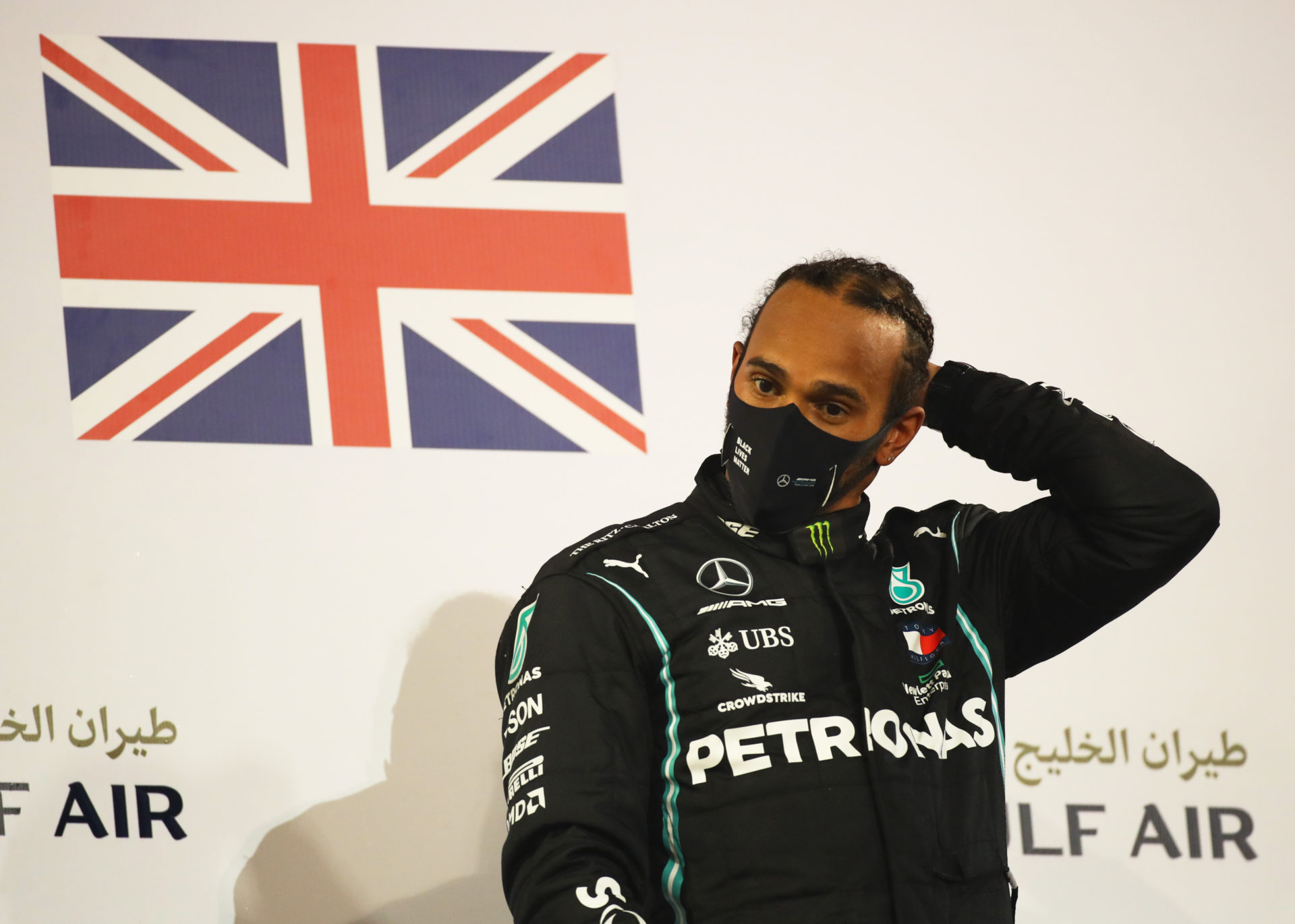 Mercedes' Lewis Hamilton at the podium after winning the Bahrain GP