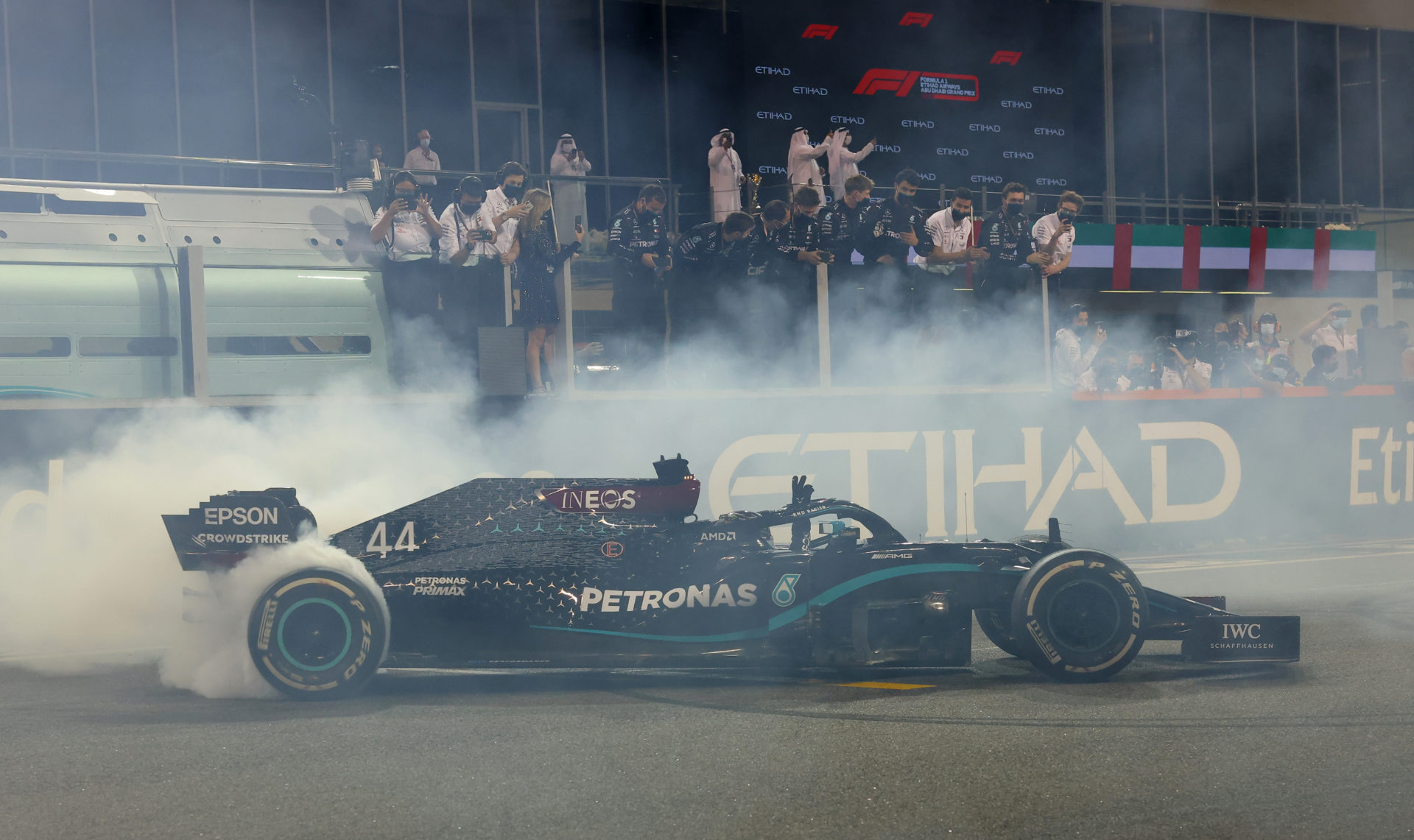 Mercedes driver Lewis Hamilton doing the donuts celebration after the race at Abu Dhabi GP 2020