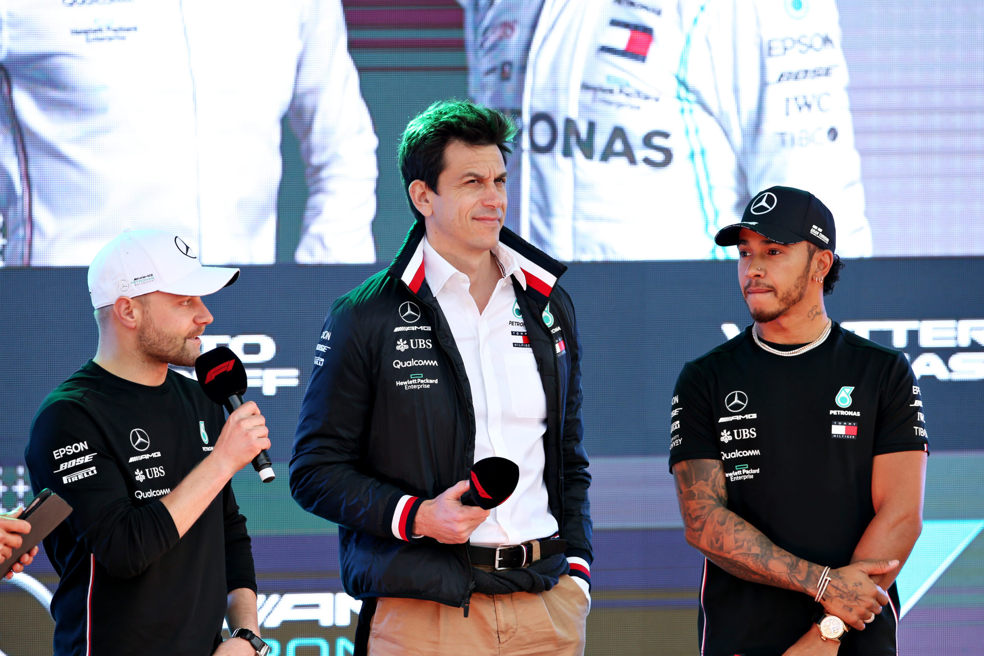 Mercedes' Lewis Hamilton and Toto Wolff
