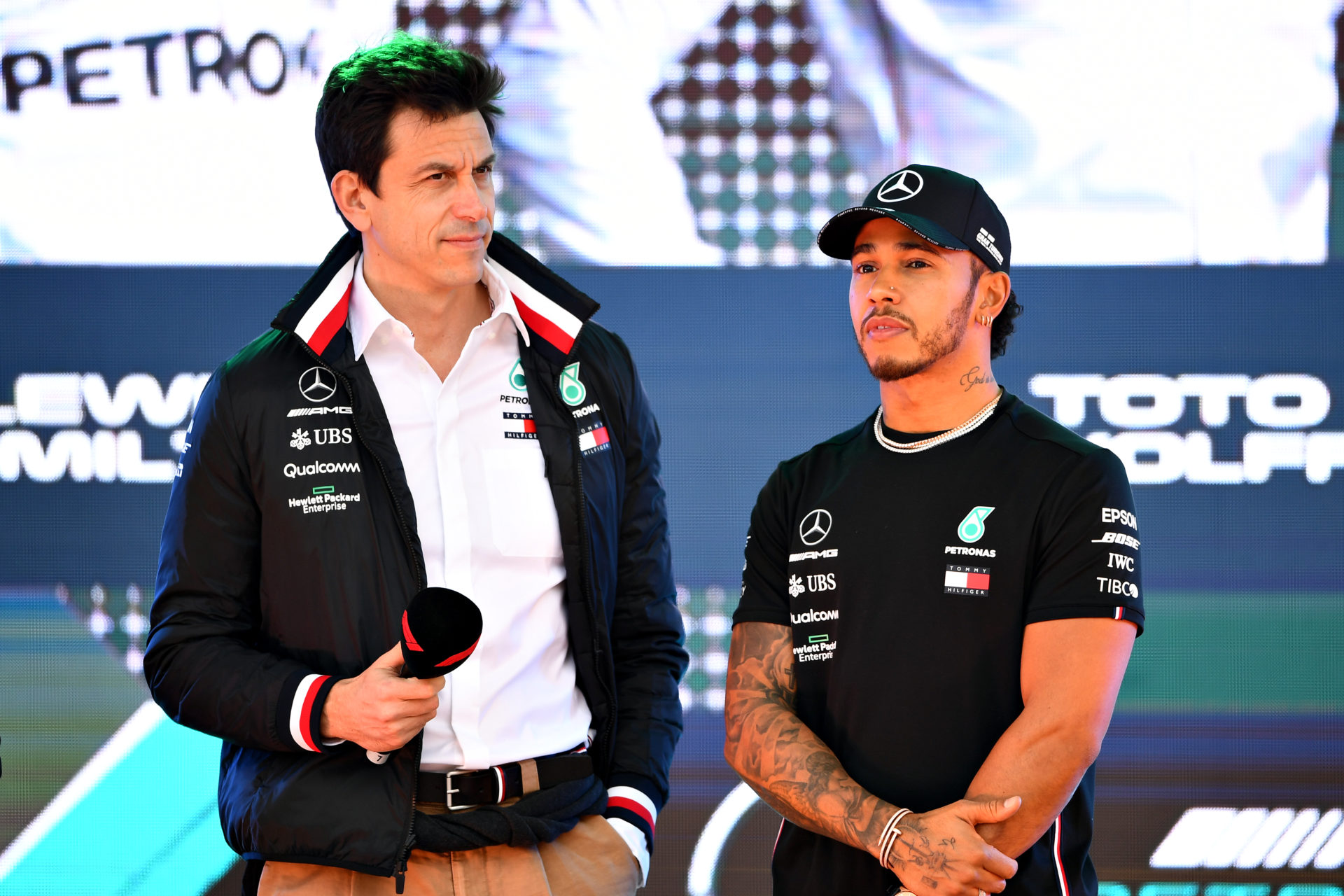 Mercedes boss Toto Wolff and Lewis Hamilton share the stage for an event ahead of the Australian Gp