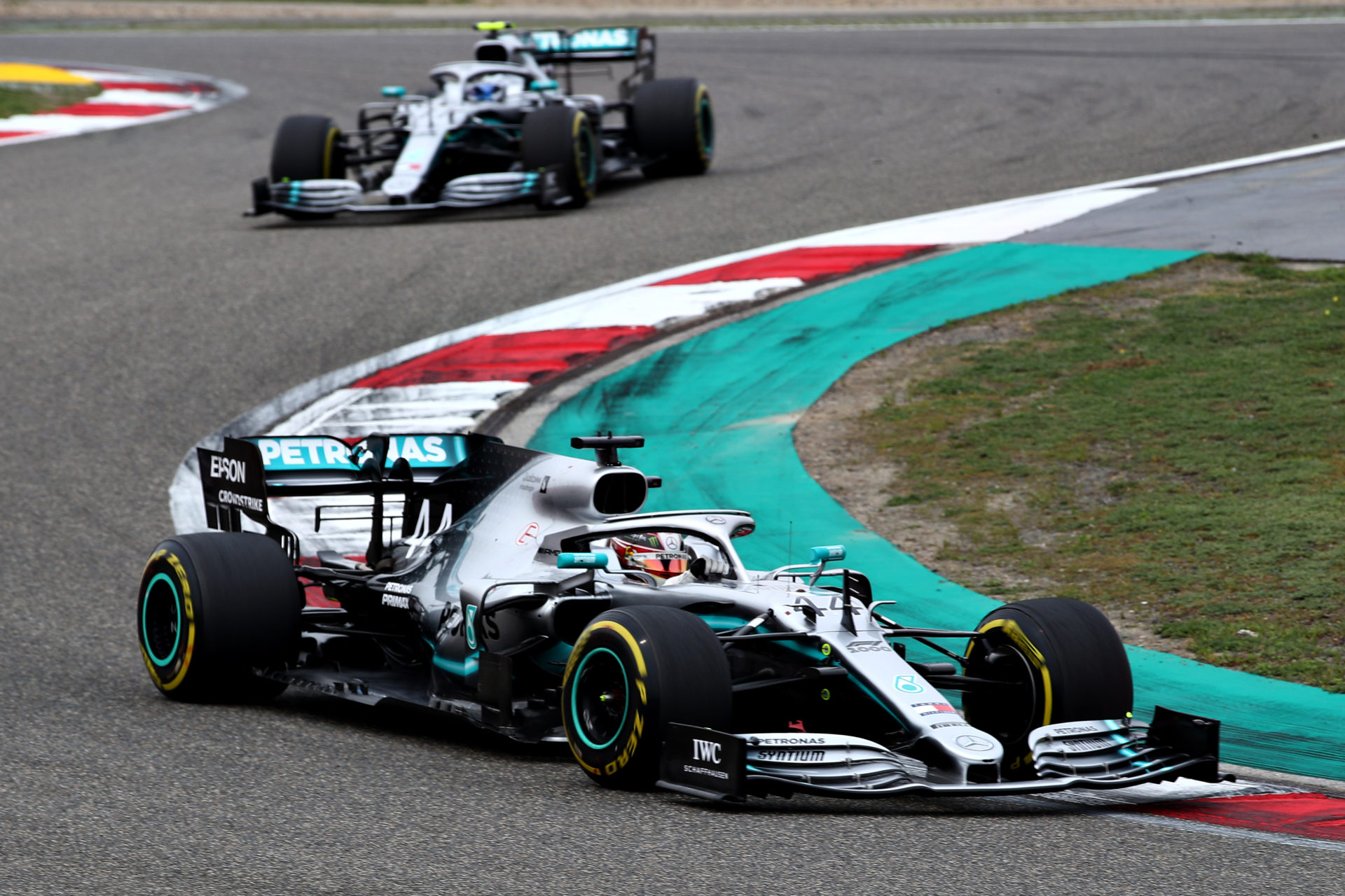 Lewis Hamilton of Mercedes in the foreground with Valtteri Bottas behind him