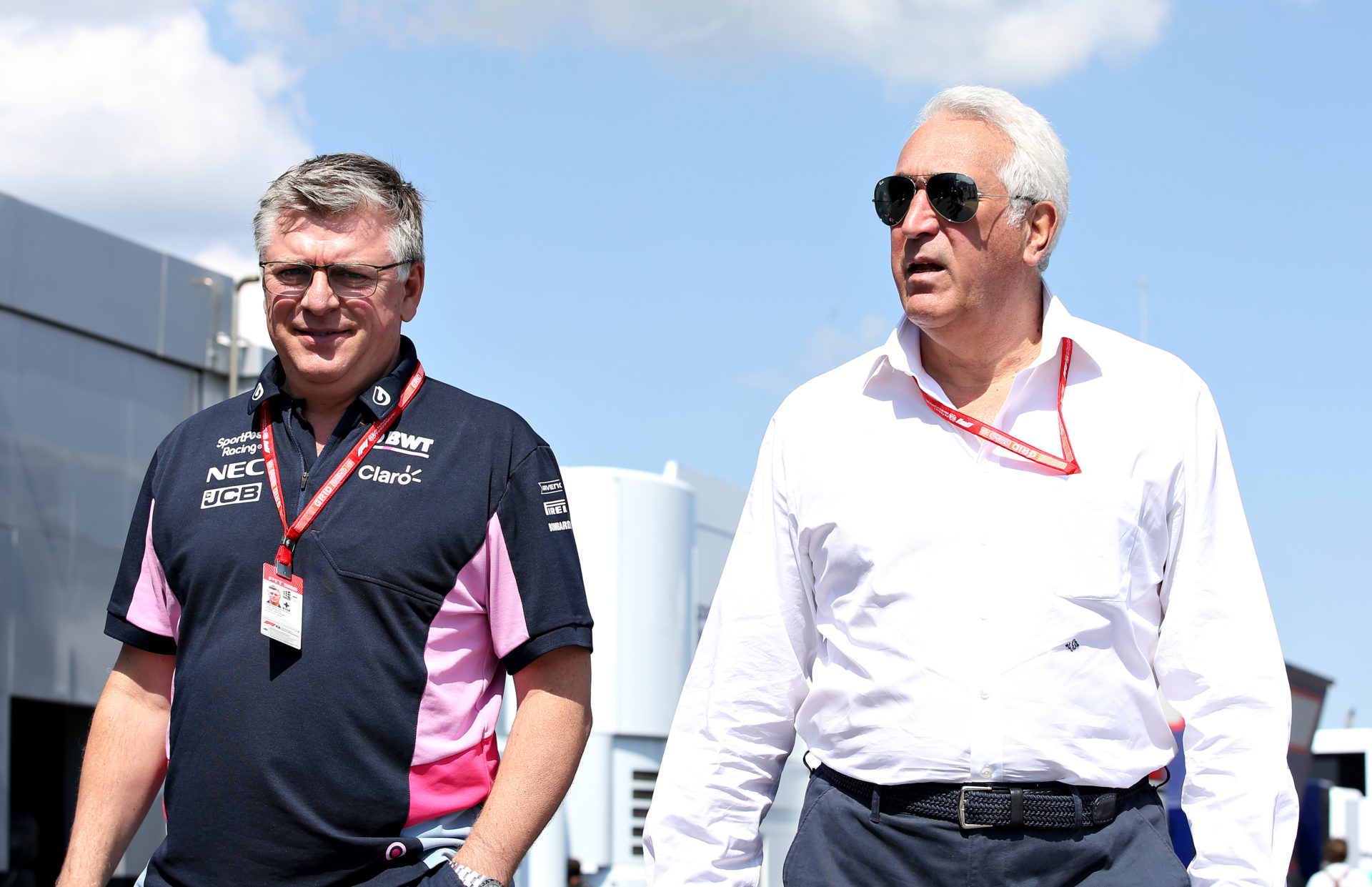 Aston Martin F1 team owner Lawrence Stroll and Otmar Szafnauer of Aston Martin at the paddock prior to the 2019 French Grand Prix