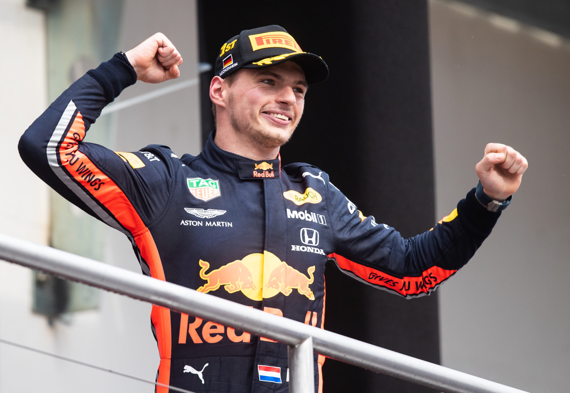 Max Verstappen celebrates on the podium during the F1 Grand Prix of Germany at Hockenheimring