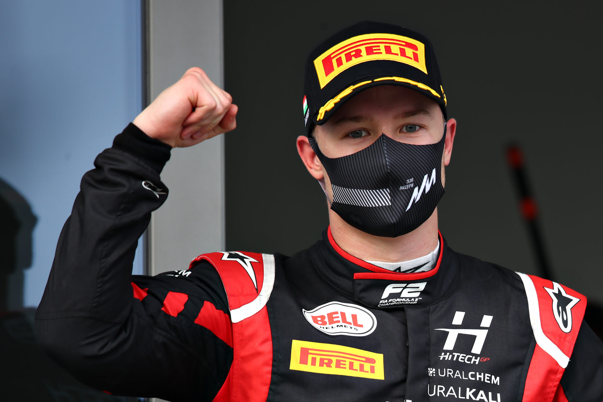 Haas driver Nikita Mazepin celebrating a podium at the Hungaroring
