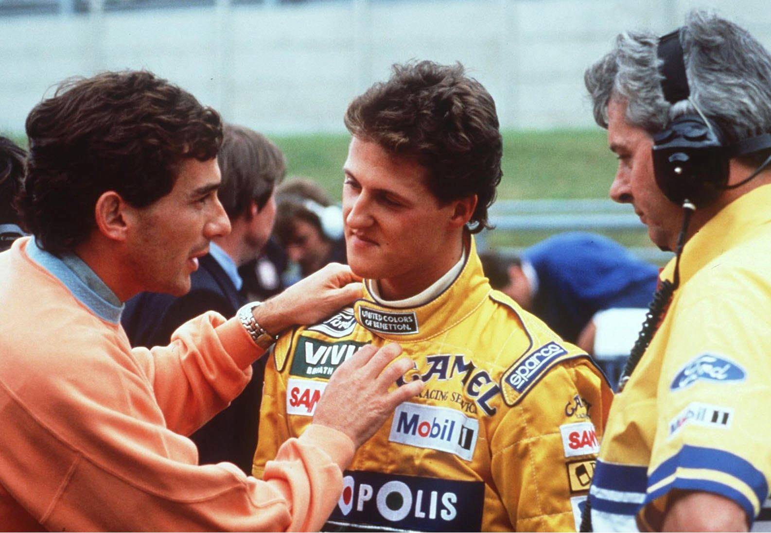 Ayrton Senna and Michael Schumacher prior to the race in Belgium