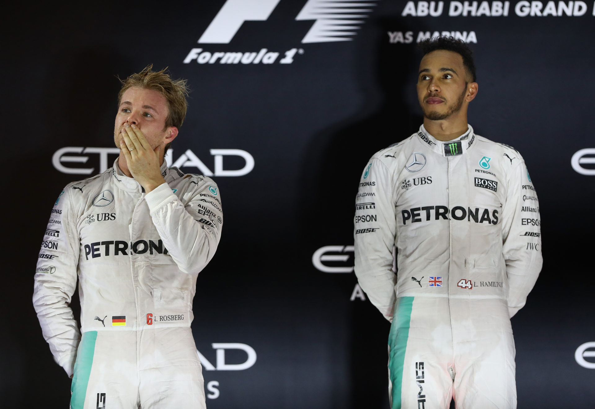 Mercedes' Lewis Hamilton and Nico Rosberg on the podium after the Abu Dhabi GP
