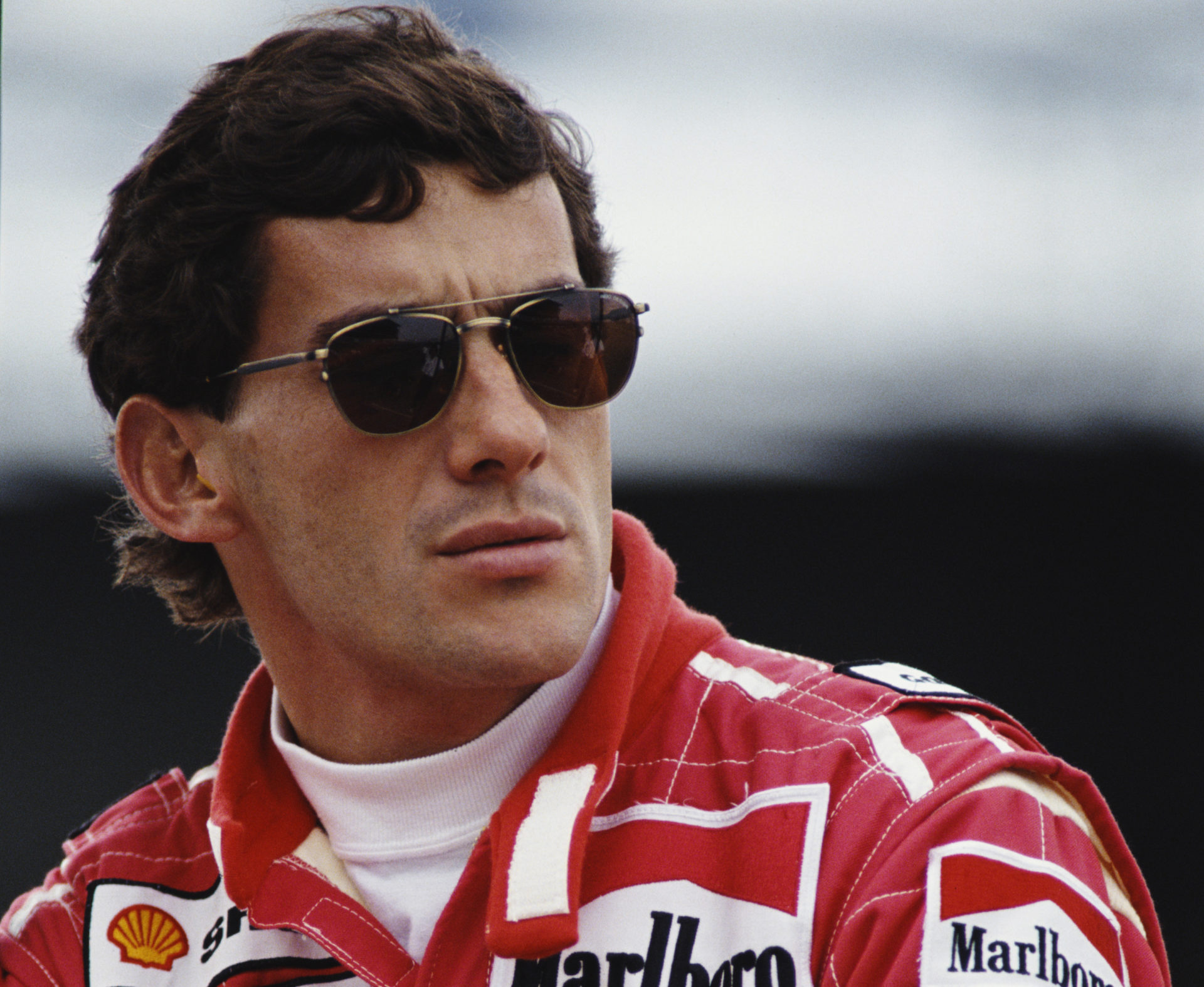 A portrait of Ayrton Senna of Brazil, driver of the #1 Honda Marlboro McLaren