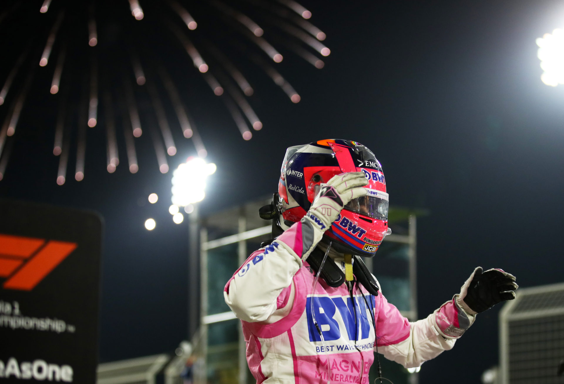 Sergio Perez celebrating after his win