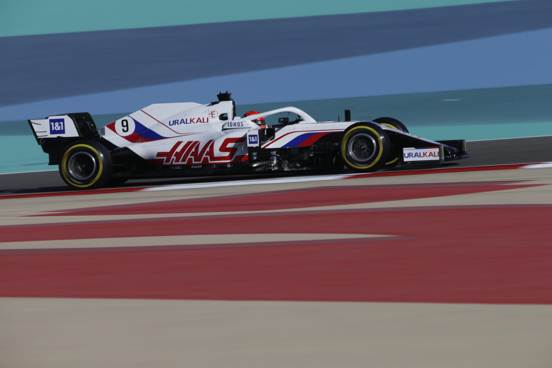 The Haas of Nikita Mazepin in action during the Bahrain tests