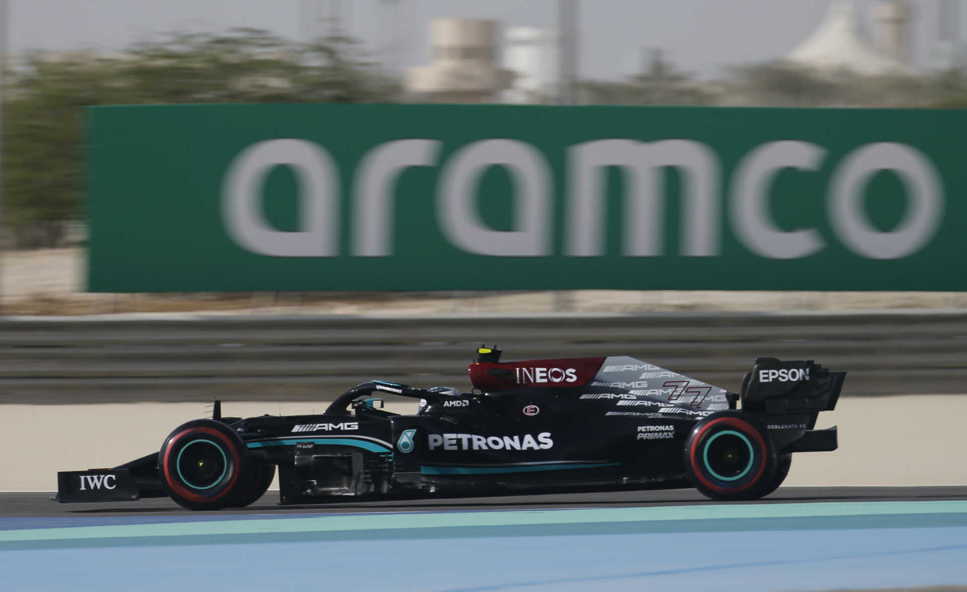 The Mercedes W12 of Valtteri Bottas in action during free practice