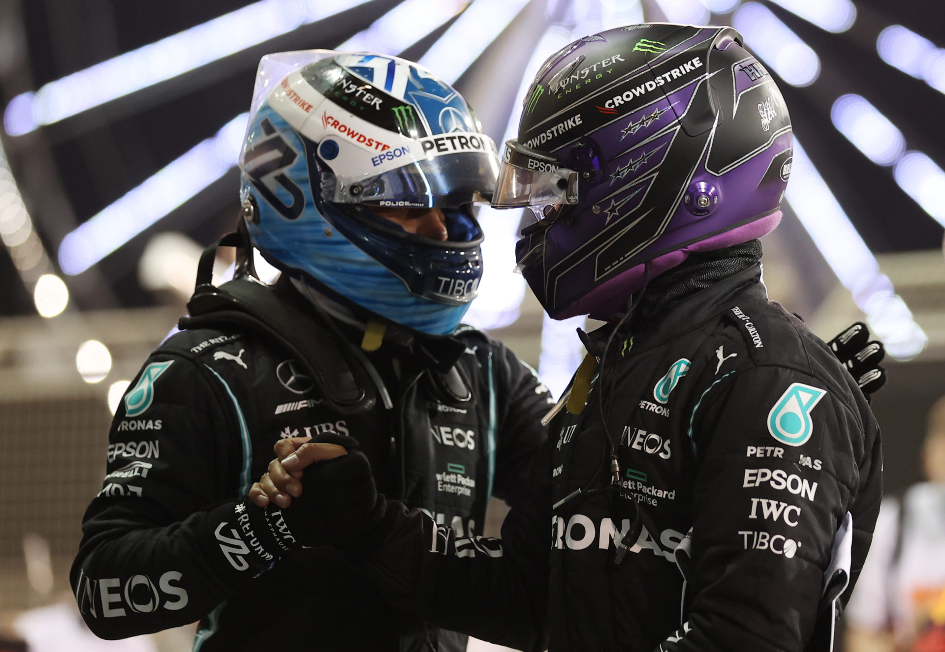 Lewis Hamilton and Valtteri Bottas after securing podiums