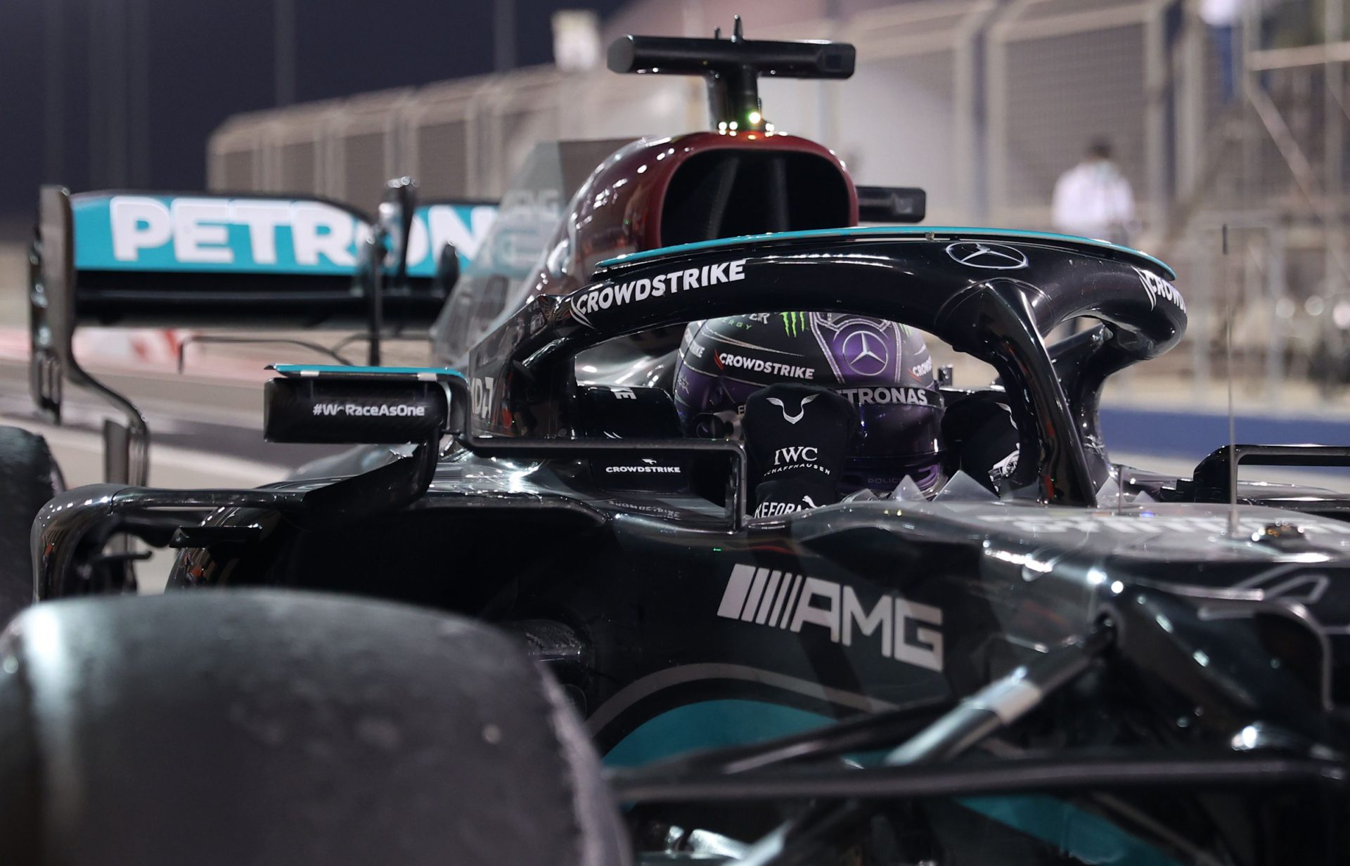 Lewis Hamilton in the cockpit of the Mercedes