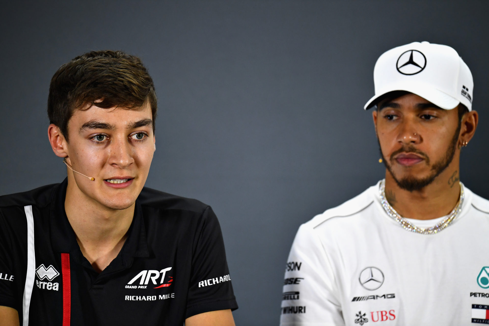 George Russell and Lewis Hamilton during the Abu Dhabi GP pre-race press conference