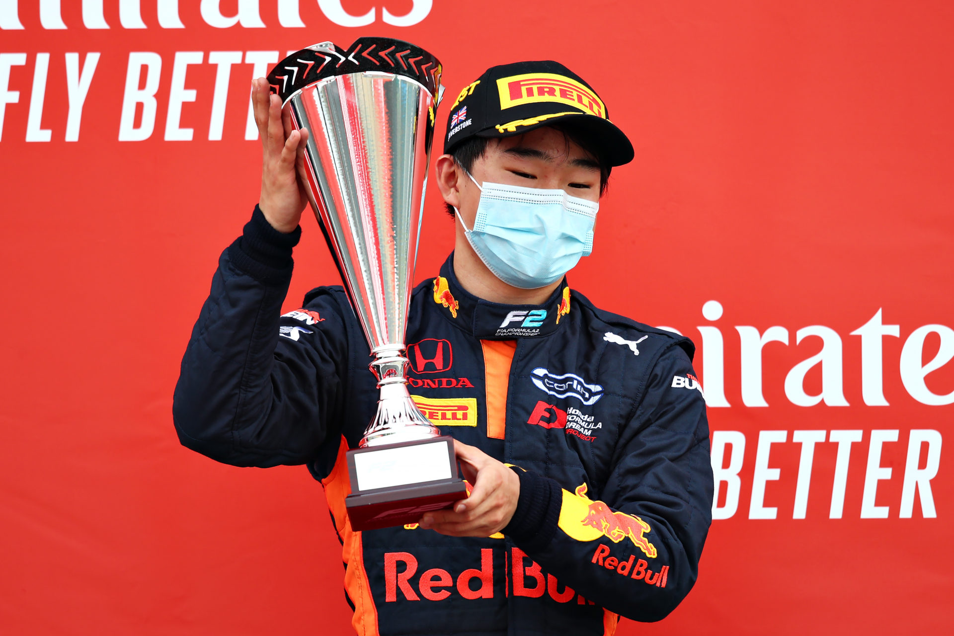 Yuki Tsunoda celebrates his win at Silverstone