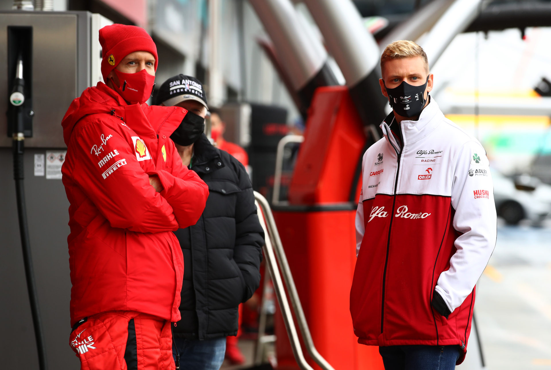 Mick Schumacher and Sebastian Vettel prior to the start of the Eifel GP practice session