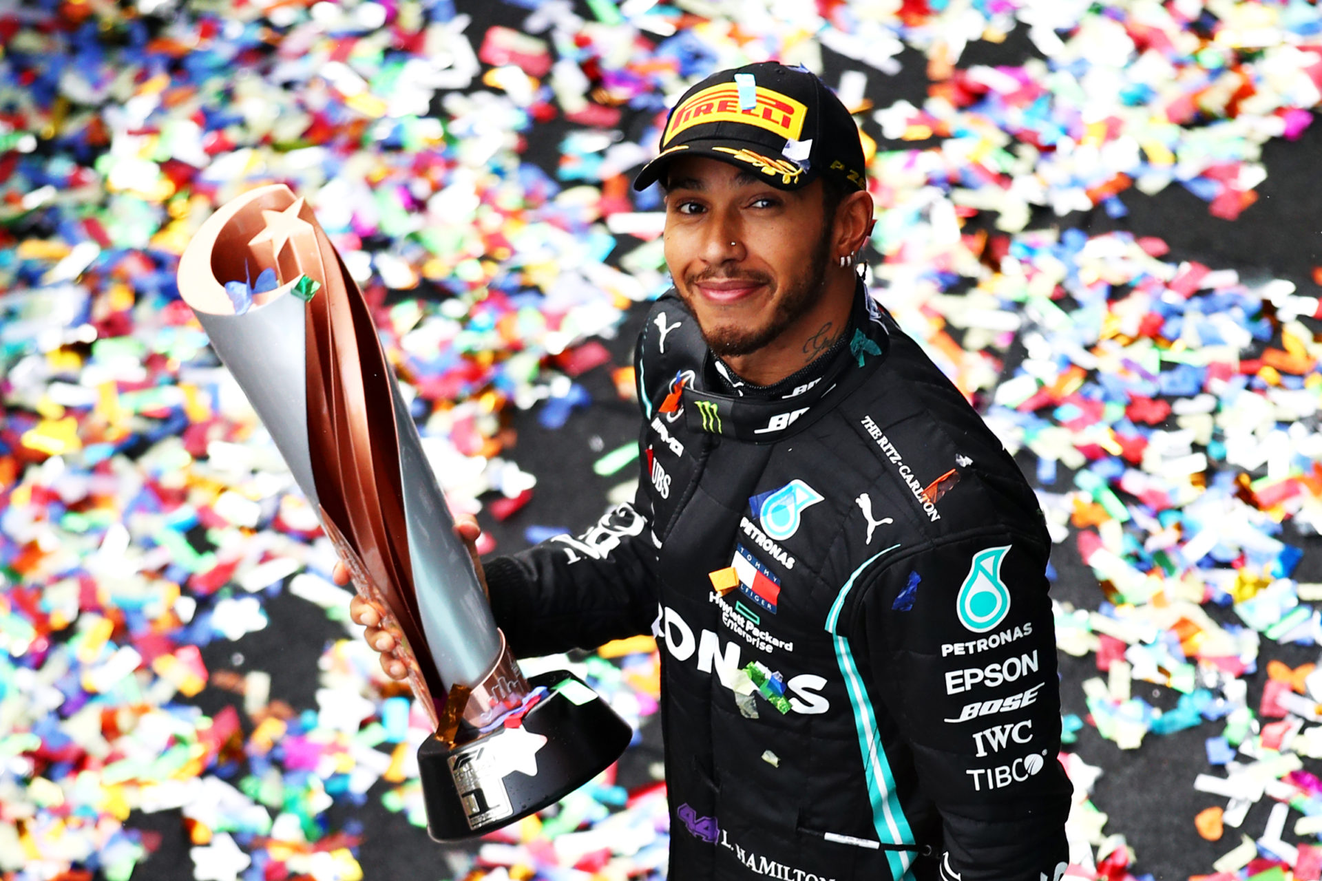 Lewis Hamilton celebrating after winning the 2020 F1 Turkish GP