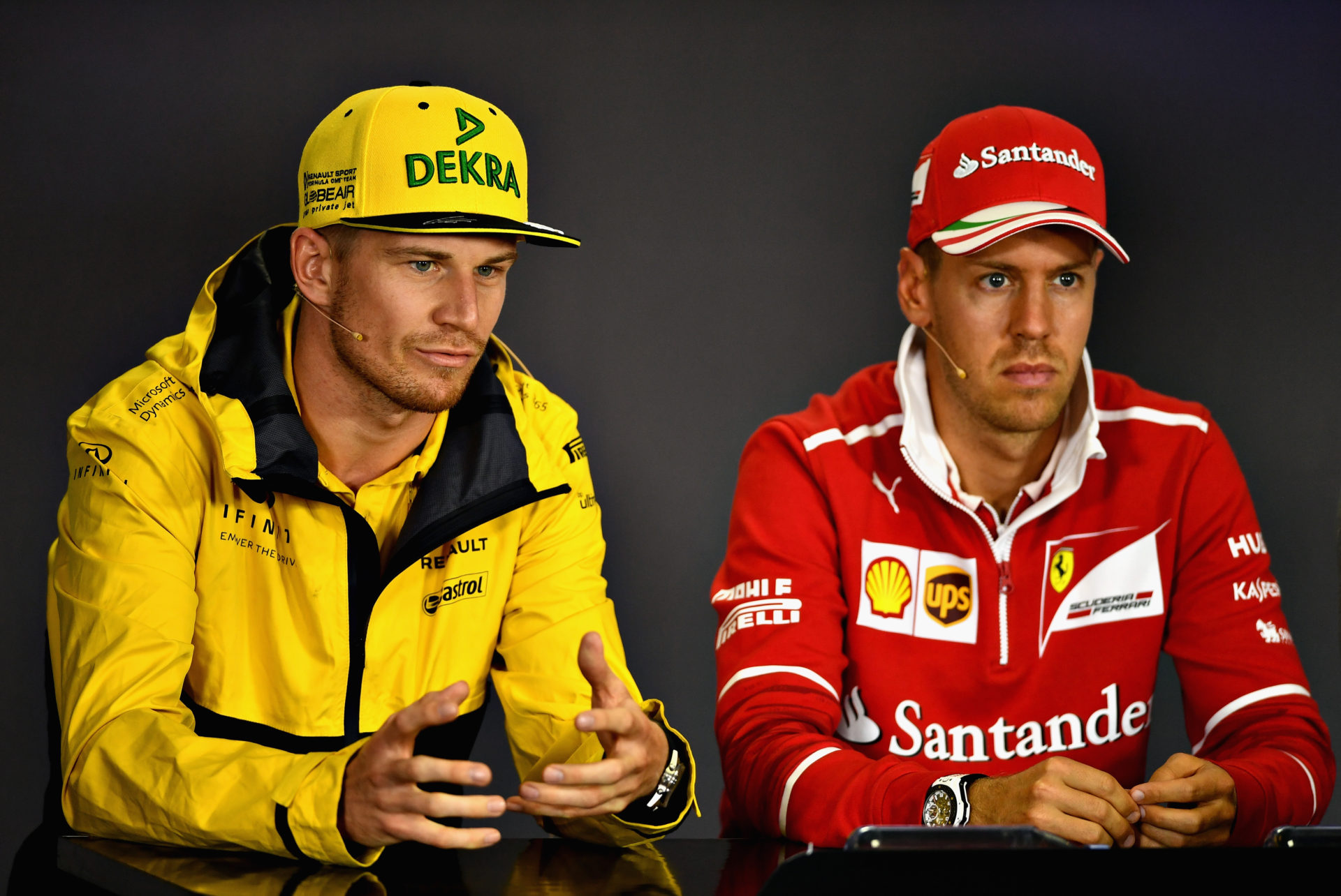 Nico Hulkenberg and Sebastian Vettel during previews ahead of the Formula One Grand Prix of Hungary