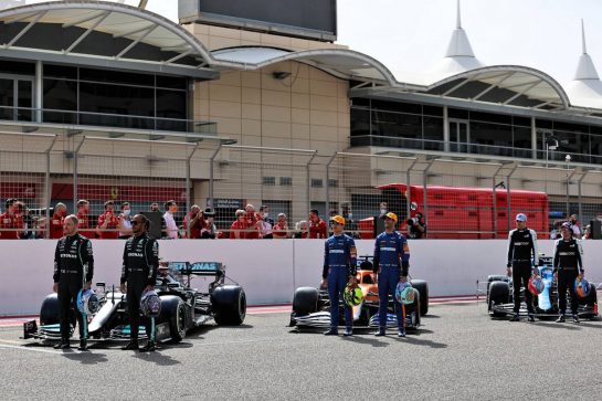 (L to R): Valtteri Bottas (FIN) Mercedes AMG F1 W12; Lewis Hamilton (GBR) Mercedes AMG F1; Lando Norris (GBR) McLaren MCL35M; Daniel Ricciardo (AUS) McLaren; Esteban Ocon (FRA) Alpine F1 Team A521; Fernando Alonso (ESP) Alpine F1 Team.
12.03.2021. Formula 1 Testing, Sakhir, Bahrain, Day One.
- www.xpbimages.com, EMail: requests@xpbimages.com &copy; Copyright: Batchelor / XPB Images