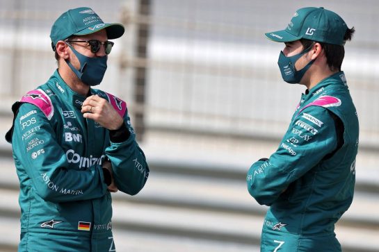 (L to R): Sebastian Vettel (GER) Aston Martin F1 Team with Lance Stroll (CDN) Aston Martin F1 Team.
12.03.2021. Formula 1 Testing, Sakhir, Bahrain, Day One.
- www.xpbimages.com, EMail: requests@xpbimages.com &copy; Copyright: Moy / XPB Images