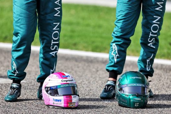(L to R): the helmets of Sebastian Vettel (GER) Aston Martin F1 Team and Lance Stroll (CDN) Aston Martin F1 Team. 
12.03.2021. Formula 1 Testing, Sakhir, Bahrain, Day One.
- www.xpbimages.com, EMail: requests@xpbimages.com &copy; Copyright: Moy / XPB Images