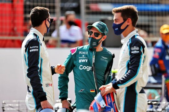 (L to R): Nicholas Latifi (CDN) Williams Racing with Sebastian Vettel (GER) Aston Martin F1 Team and George Russell (GBR) Williams Racing.
12.03.2021. Formula 1 Testing, Sakhir, Bahrain, Day One.
- www.xpbimages.com, EMail: requests@xpbimages.com &copy; Copyright: Batchelor / XPB Images