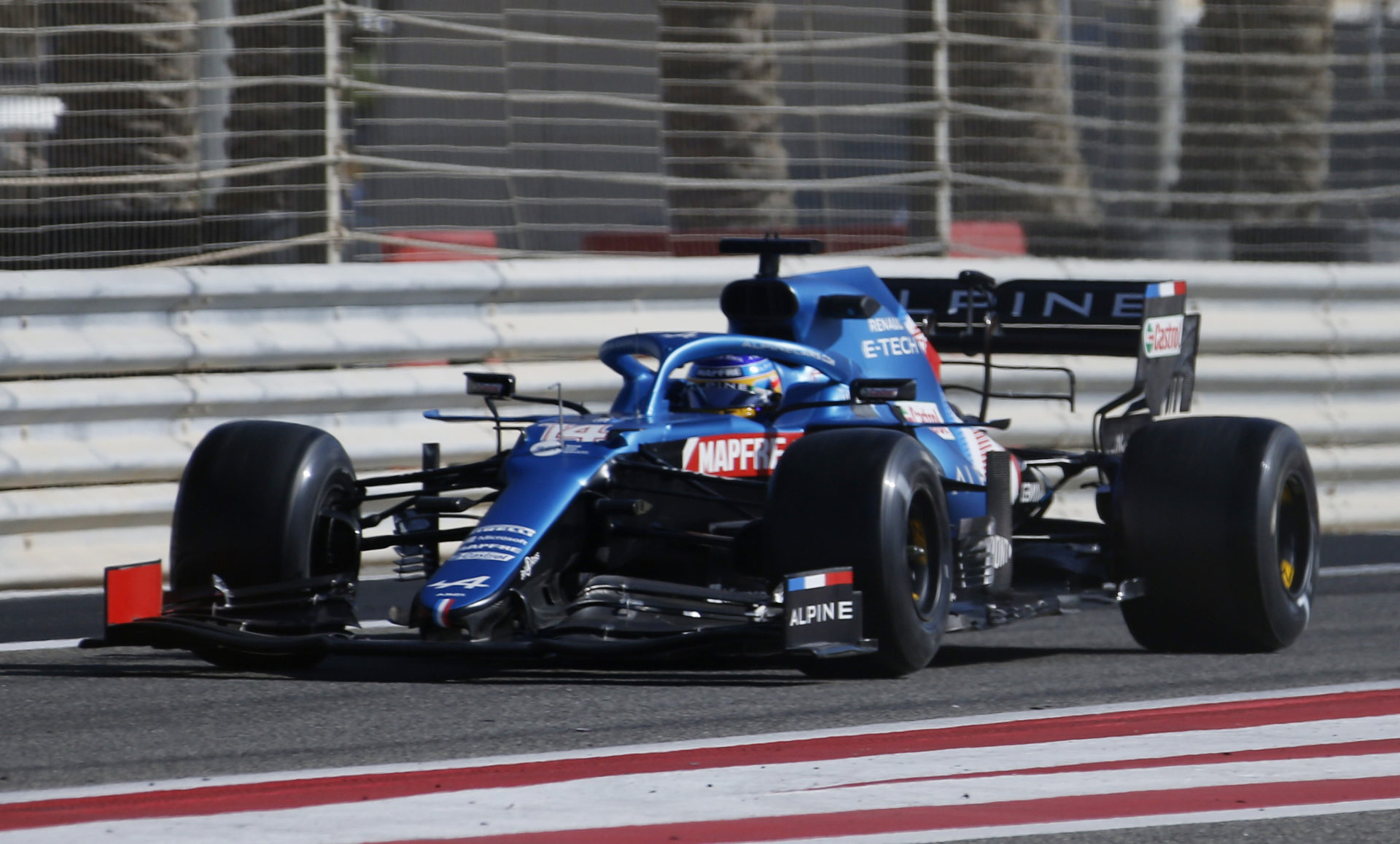 Fernando Alonso taking the Alpine through the paces in Bahrain testing
