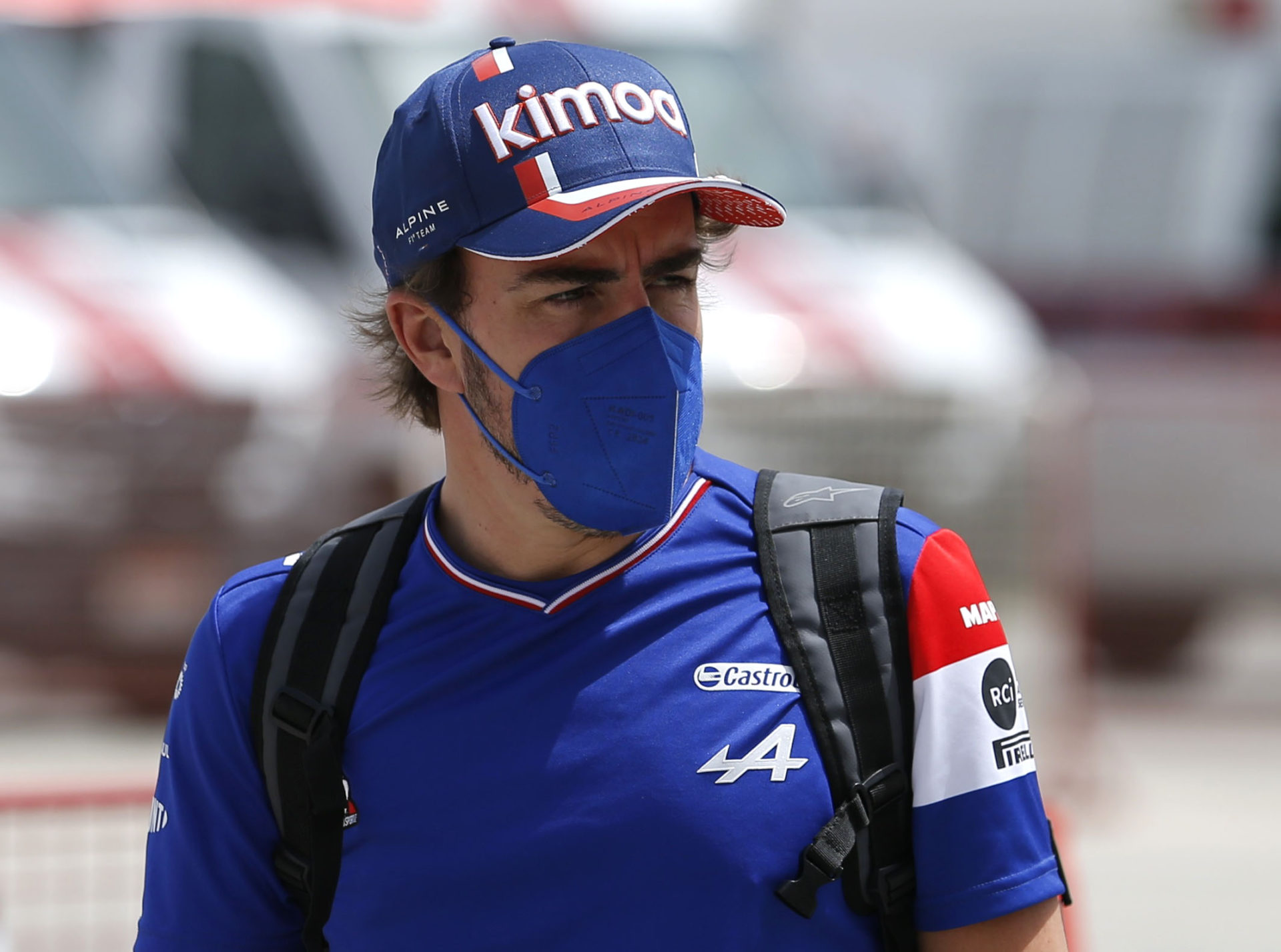 Fernando Alonso arrives at the circuit in Bahrain