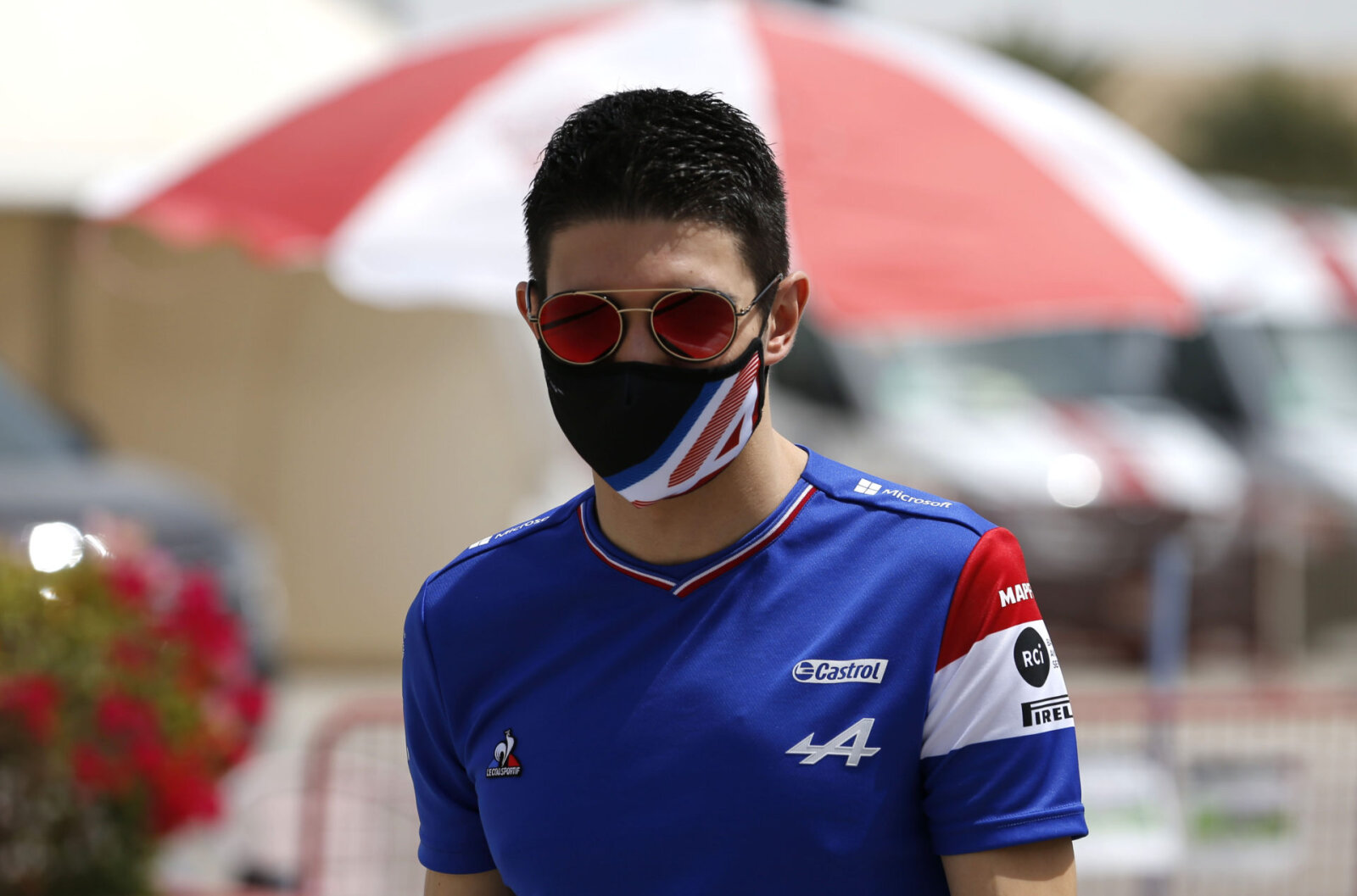 Esteban Ocon arrives at the circuit in Bahrain