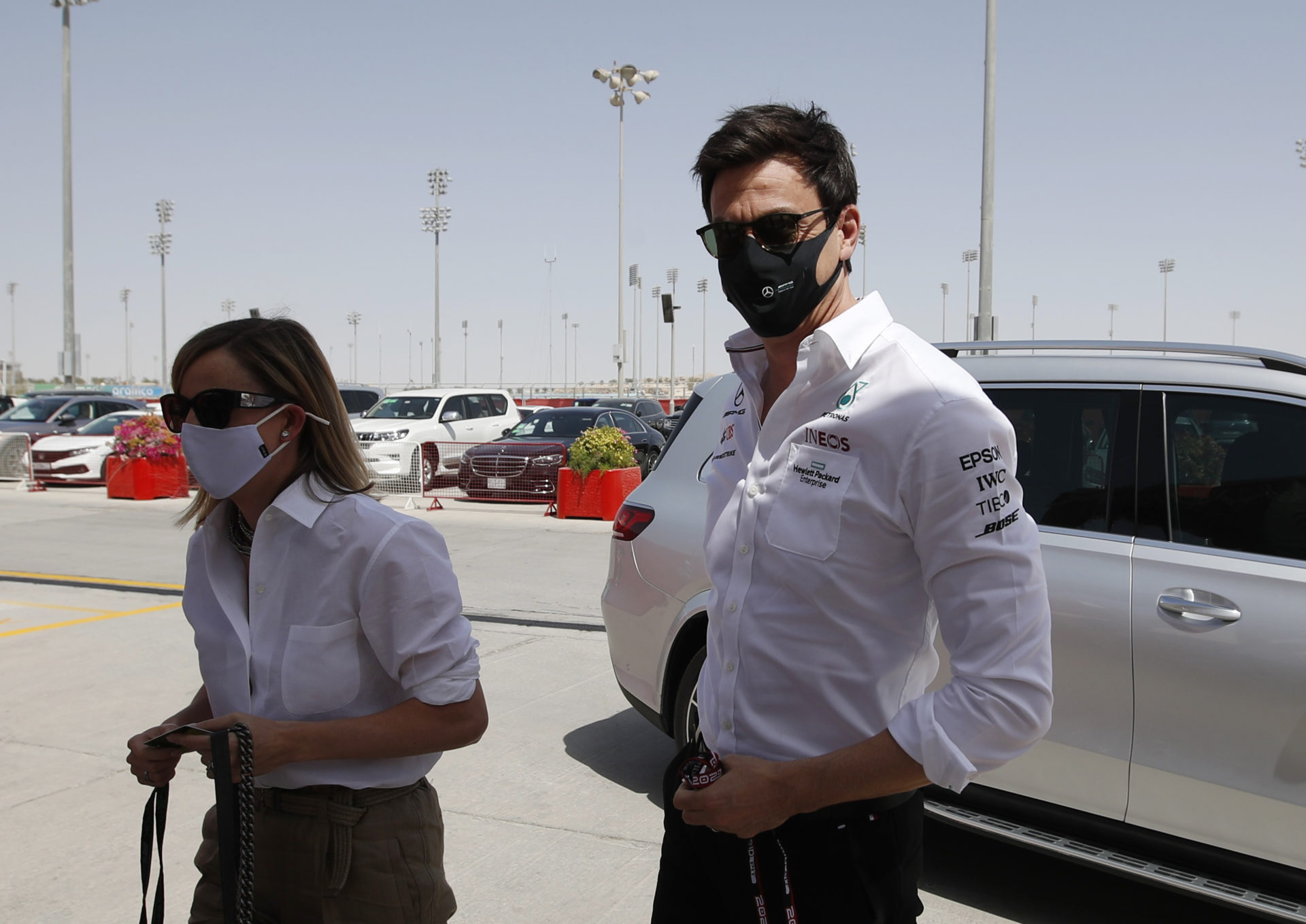 Toto Wolff entering the paddock at the Sakhir International Circuit