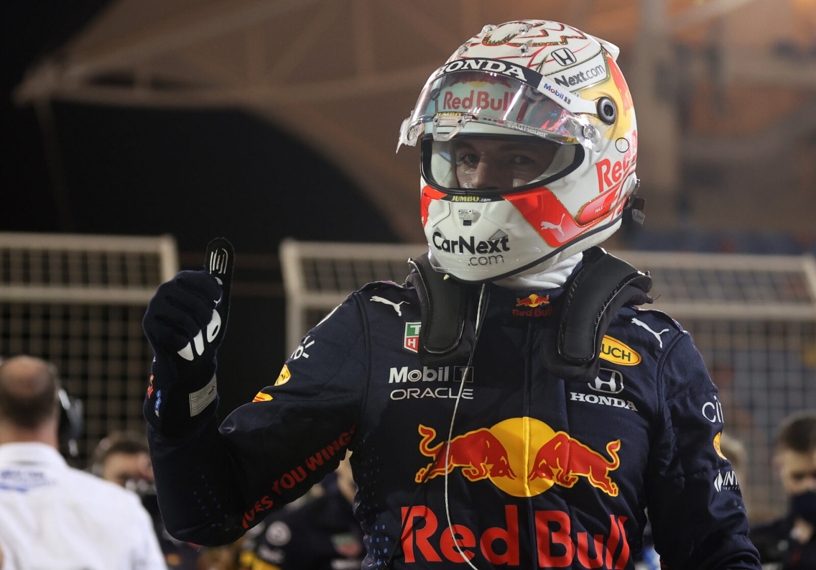 Red Bull driver Max Verstappen pumps his fists after taking pole in bahrain