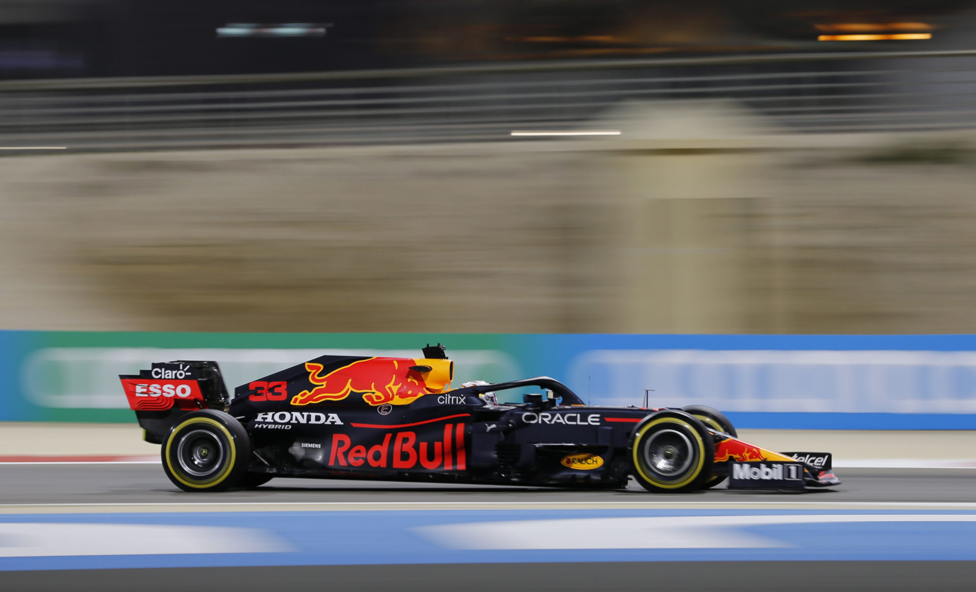 The Red Bull of Max Verstappen in action during the race in Bahrain