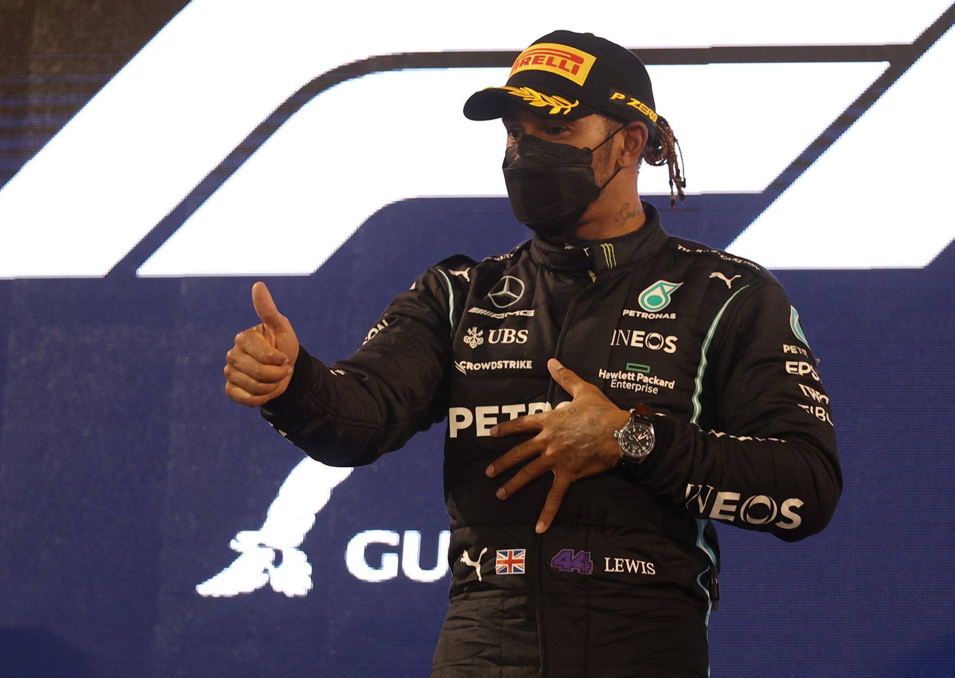 Mercedes driver Lewis Hamilton celebrates his race win at Bahrain GP