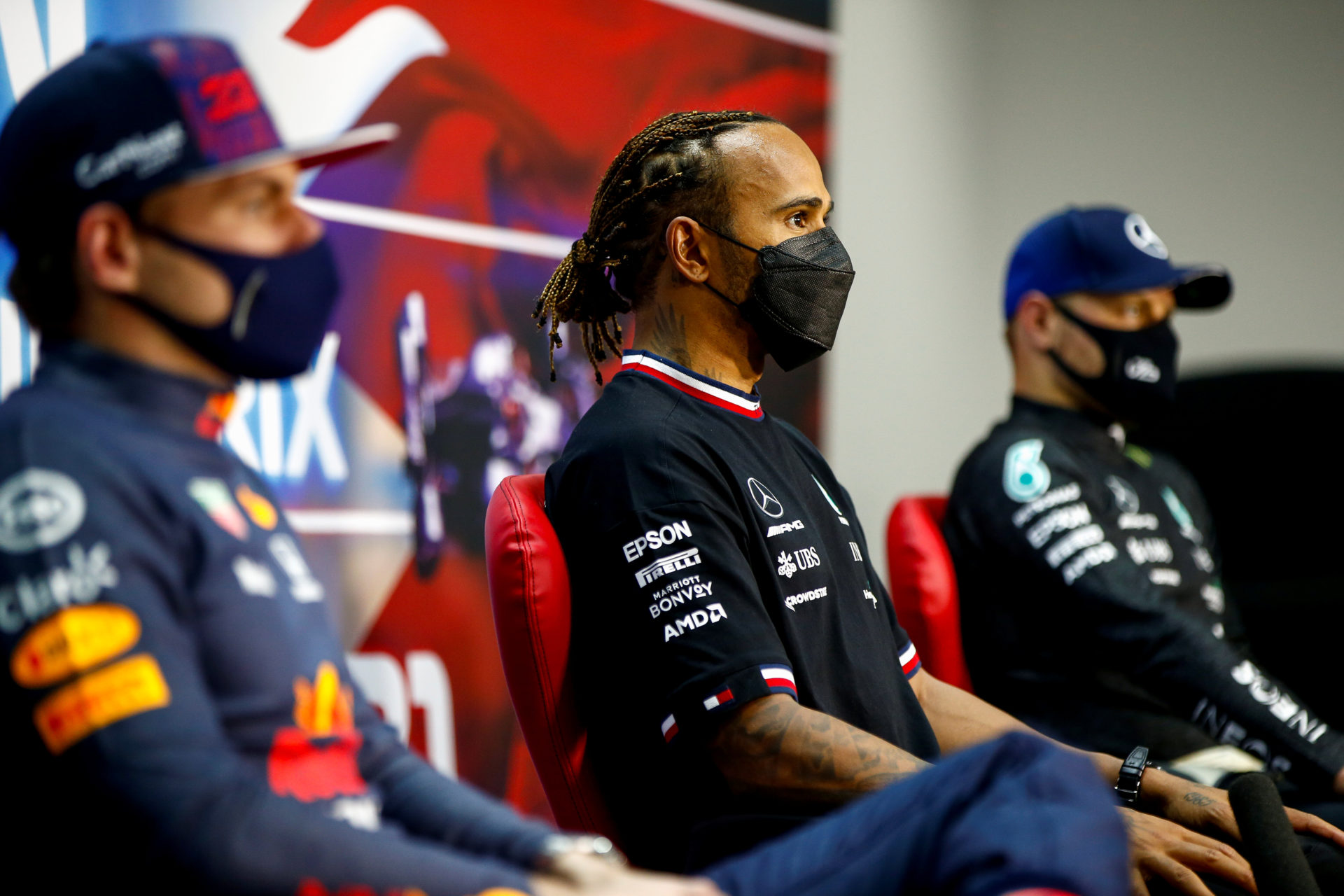 Lewis Hamilton, Max Verstappen and Valtteri Bottas during post-race interview