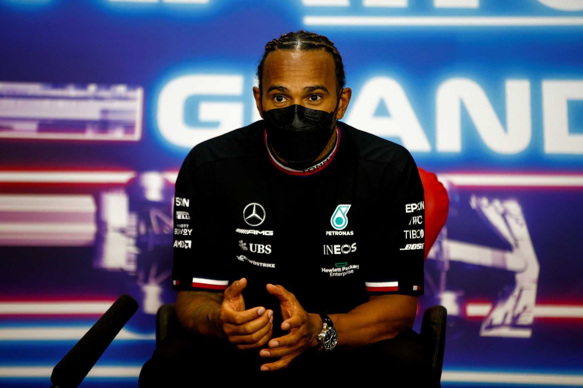 Lewis Hamilton speaks at the post race presser in Bahrain