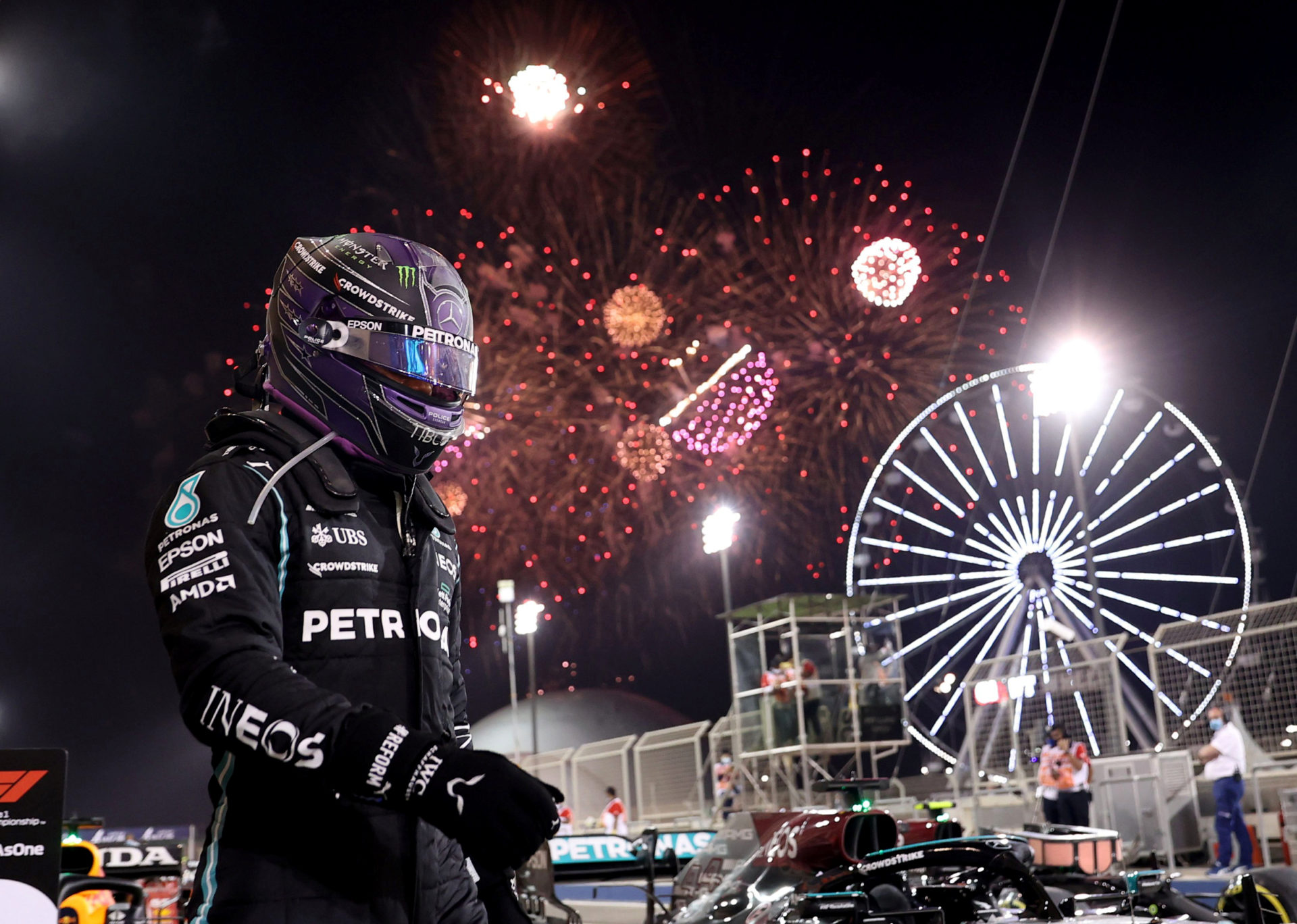 Lewis Hamilton of Mercedes celebrating his win at Bahrain