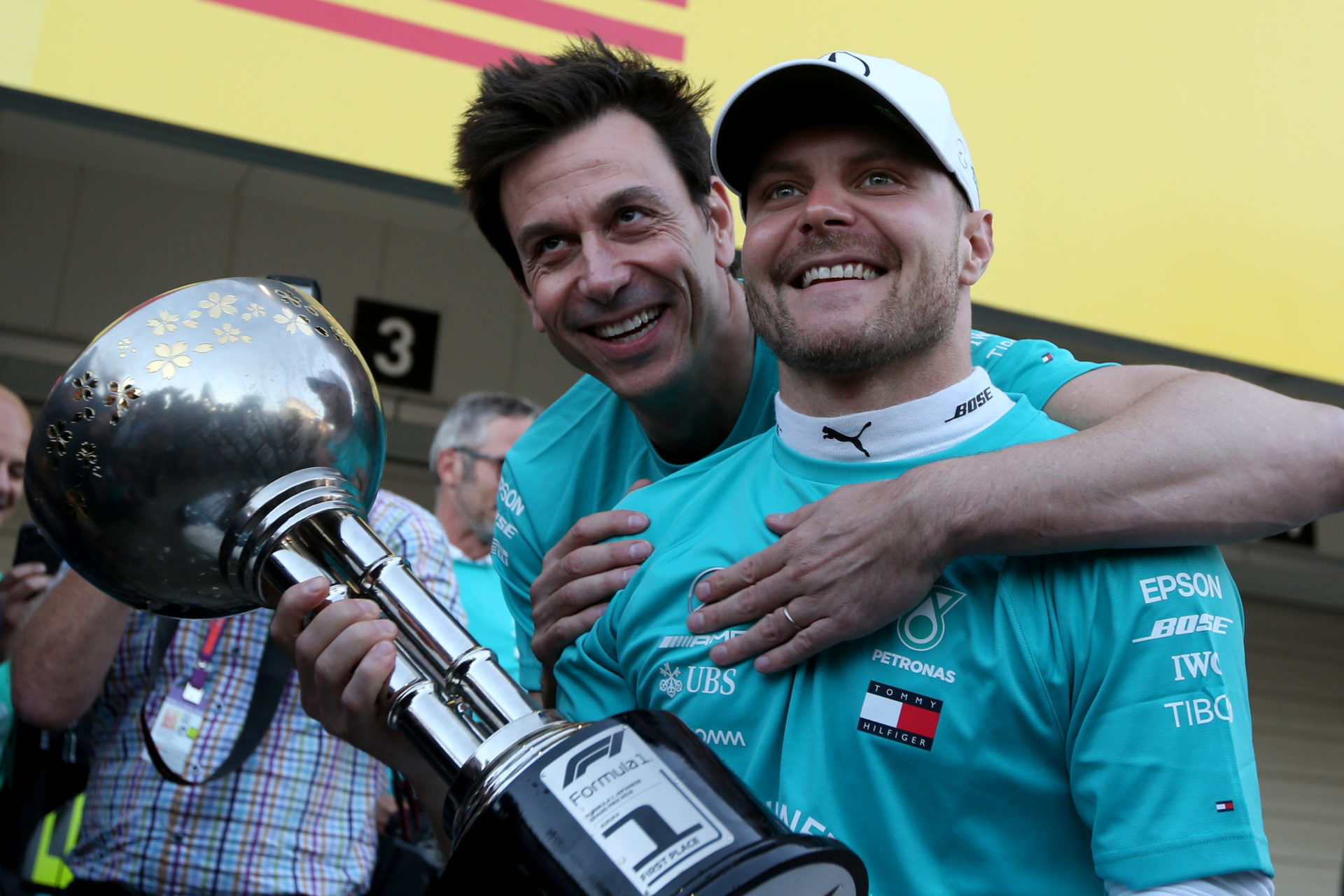 Mercedes team boss Toto Wolff and Valtteri Bottas after the F1 race in Suzuka