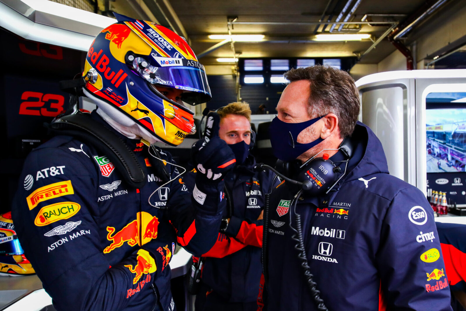 Alex Albon of Red Bull and Christian Horner prior to the Eifel GP