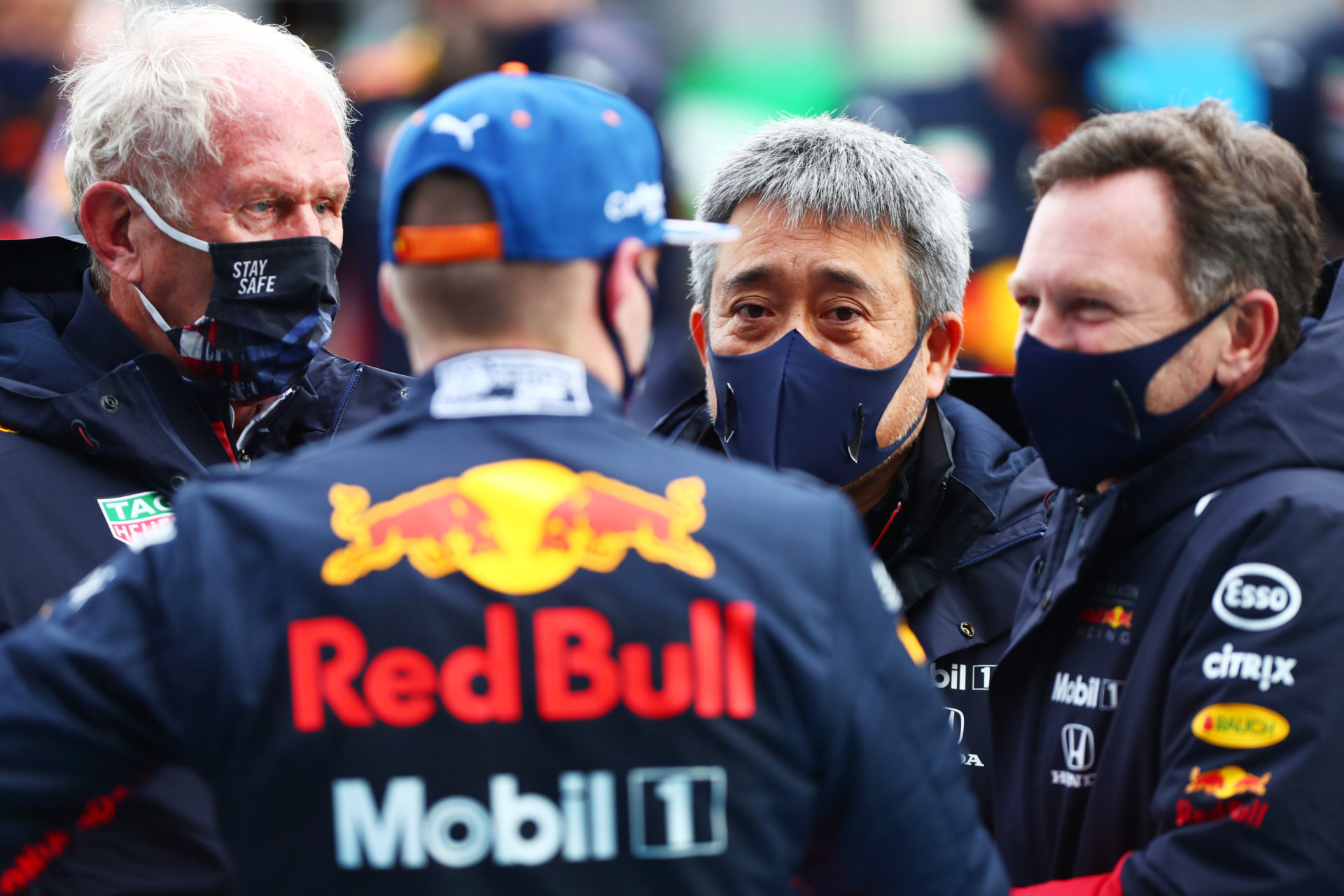 Red Bull team's Max Verstappen and Helmut Marko at the Nürburgring circuit