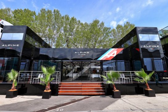 Alpine F1 Team motorhome in the paddock.
15.04.2021. Formula 1 World Championship, Rd 2, Emilia Romagna Grand Prix, Imola, Italy, Preparation Day.
- www.xpbimages.com, EMail: requests@xpbimages.com © Copyright: Moy / XPB Images