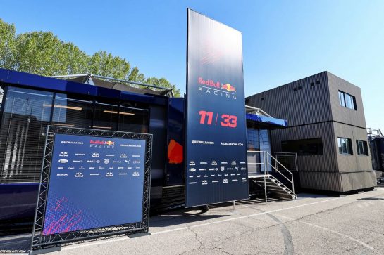 Red Bull Racing motorhome in the paddock.
16.04.2021. Formula 1 World Championship, Rd 2, Emilia Romagna Grand Prix, Imola, Italy, Practice Day.
- www.xpbimages.com, EMail: requests@xpbimages.com &copy; Copyright: Moy / XPB Images
