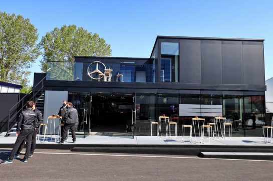 Mercedes AMG F1 motorhome in the paddock.
16.04.2021. Formula 1 World Championship, Rd 2, Emilia Romagna Grand Prix, Imola, Italy, Practice Day.
- www.xpbimages.com, EMail: requests@xpbimages.com &copy; Copyright: Moy / XPB Images
