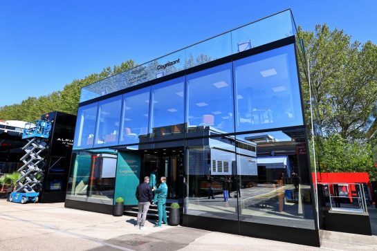 Aston Martin F1 Team motorhome in the paddock.
16.04.2021. Formula 1 World Championship, Rd 2, Emilia Romagna Grand Prix, Imola, Italy, Practice Day.
- www.xpbimages.com, EMail: requests@xpbimages.com &copy; Copyright: Moy / XPB Images