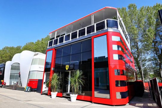 Ferrari motorhome in the paddock.
16.04.2021. Formula 1 World Championship, Rd 2, Emilia Romagna Grand Prix, Imola, Italy, Practice Day.
- www.xpbimages.com, EMail: requests@xpbimages.com &copy; Copyright: Moy / XPB Images