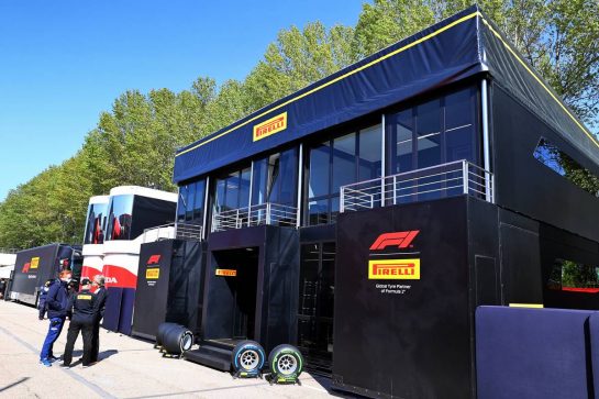 Pirelli motorhome in the paddock.
16.04.2021. Formula 1 World Championship, Rd 2, Emilia Romagna Grand Prix, Imola, Italy, Practice Day.
- www.xpbimages.com, EMail: requests@xpbimages.com &copy; Copyright: Moy / XPB Images