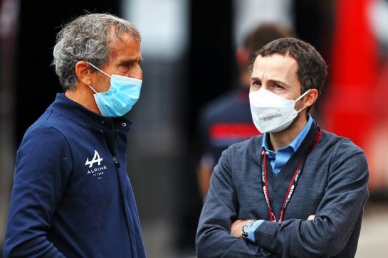(L to R): Alain Prost (FRA) Alpine F1 Team Non-Executive Director with Nicolas Todt (FRA) Driver Manager.
18.04.2021. Formula 1 World Championship, Rd 2, Emilia Romagna Grand Prix, Imola, Italy, Race Day.
- www.xpbimages.com, EMail: requests@xpbimages.com &copy; Copyright: Moy / XPB Images