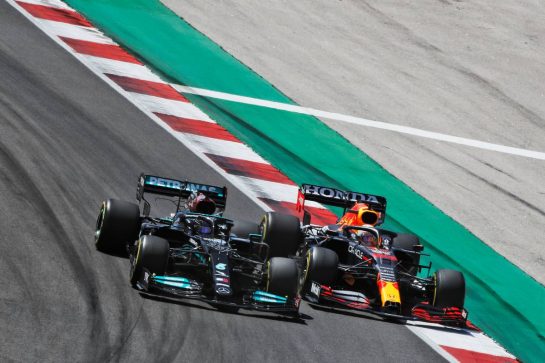 (L to R): Lewis Hamilton (GBR) Mercedes AMG F1 W12 and Max Verstappen (NLD) Red Bull Racing RB16B battle for position.
02.05.2021. Formula 1 World Championship, Rd 3, Portuguese Grand Prix, Portimao, Portugal, Race Day.
 - www.xpbimages.com, EMail: requests@xpbimages.com &copy; Copyright: Staley / XPB Images