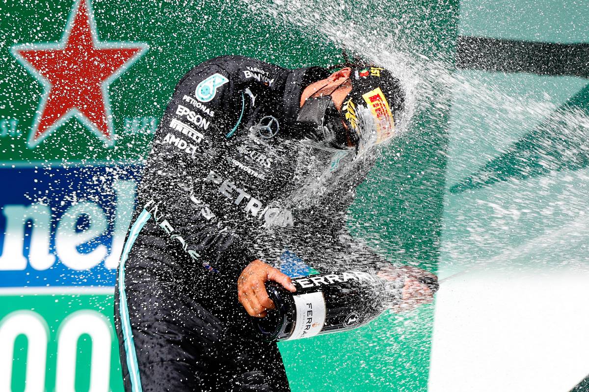 Race winner Lewis Hamilton (GBR) Mercedes AMG F1 celebrates on the podium. 02.05.2021. Formula 1 World Championship, Rd 3, Portuguese Grand Prix, Portimao