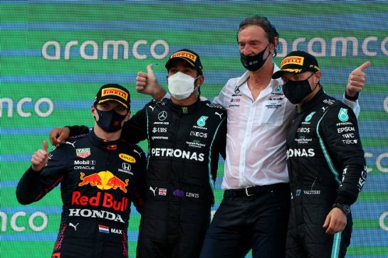 1st place Lewis Hamilton (GBR) Mercedes AMG F1 W12, with 2nd place Max Verstappen (NLD) Red Bull Racing RB16B, 3rd place Valtteri Bottas (FIN) Mercedes AMG F1 W12 and Sir Jim Ratcliffe
Chief Executive Officer of Ineos.
09.05.2021. Formula 1 World Championship, Rd 4, Spanish Grand Prix, Barcelona, Spain, Race Day.
- www.xpbimages.com, EMail: requests@xpbimages.com © Copyright: Batchelor / XPB Images